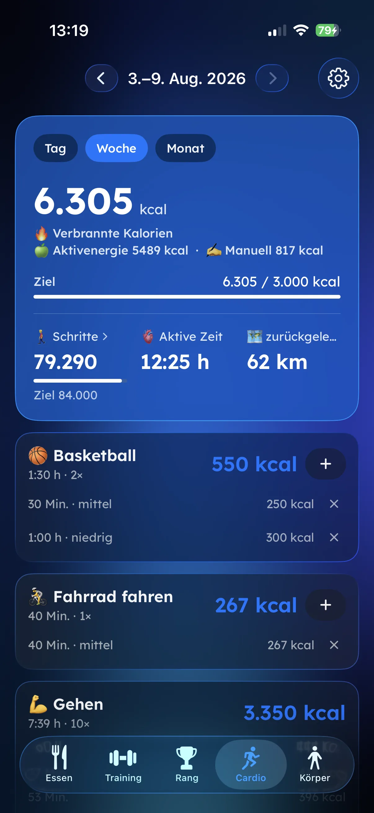 Cardio- und Schritte-Wochenübersicht in Fitaino