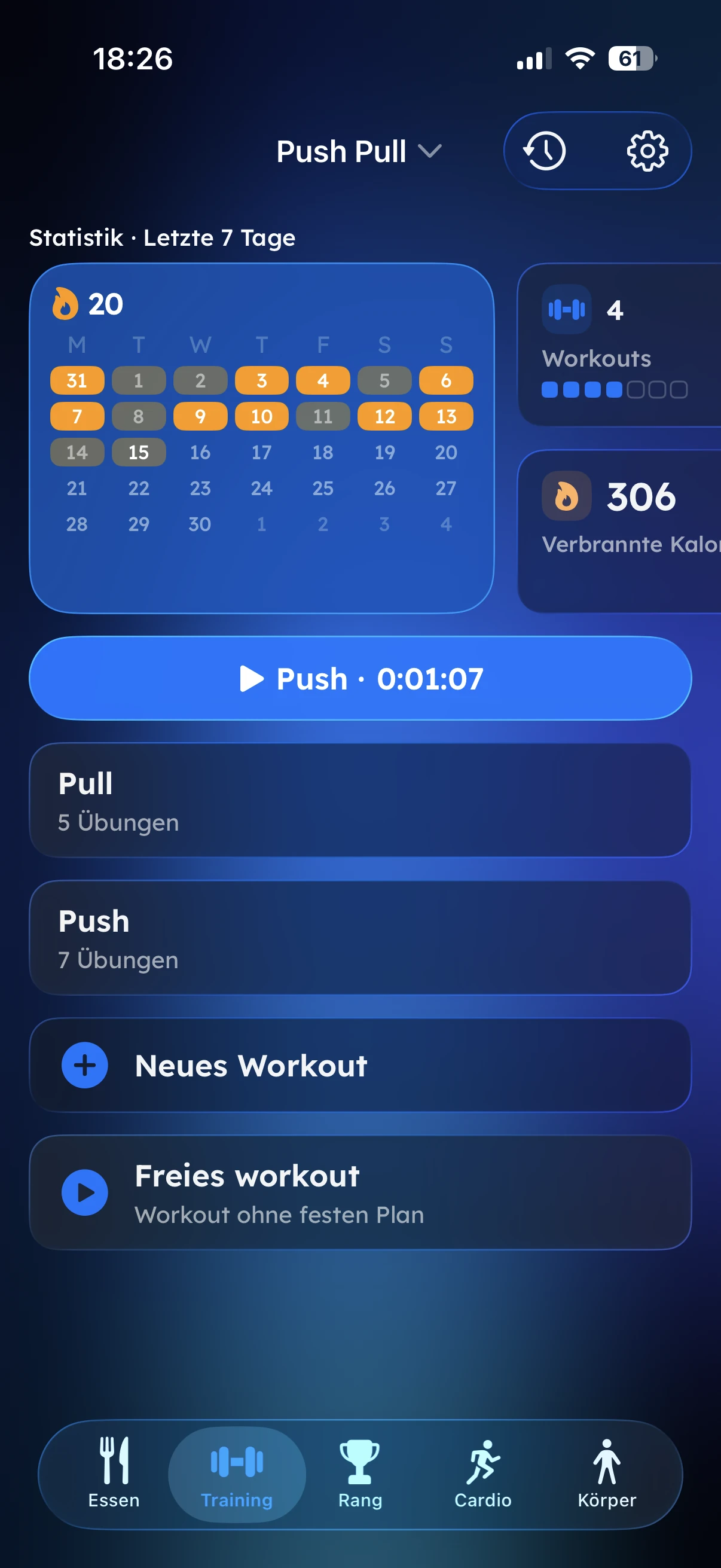 Trainingsplan mit Streak-Kalender in Fitaino